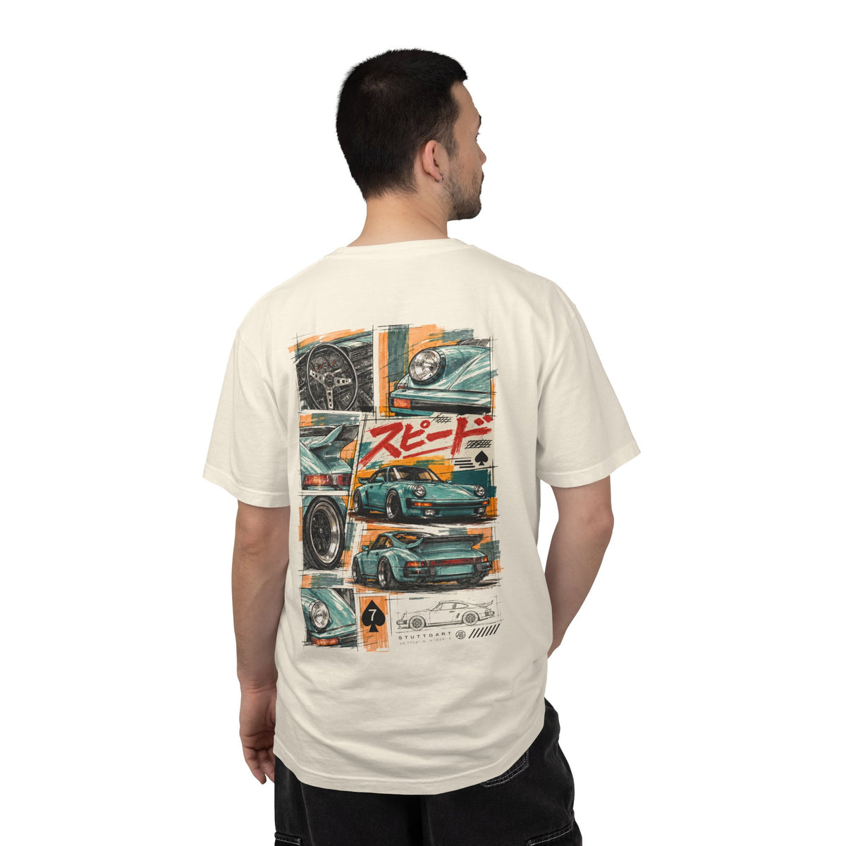 Japanese Speed Car Tee in Ivory, back-print collage of a mint classic widebody coupe with gauges, wheel close-ups and red Japanese script for speed
