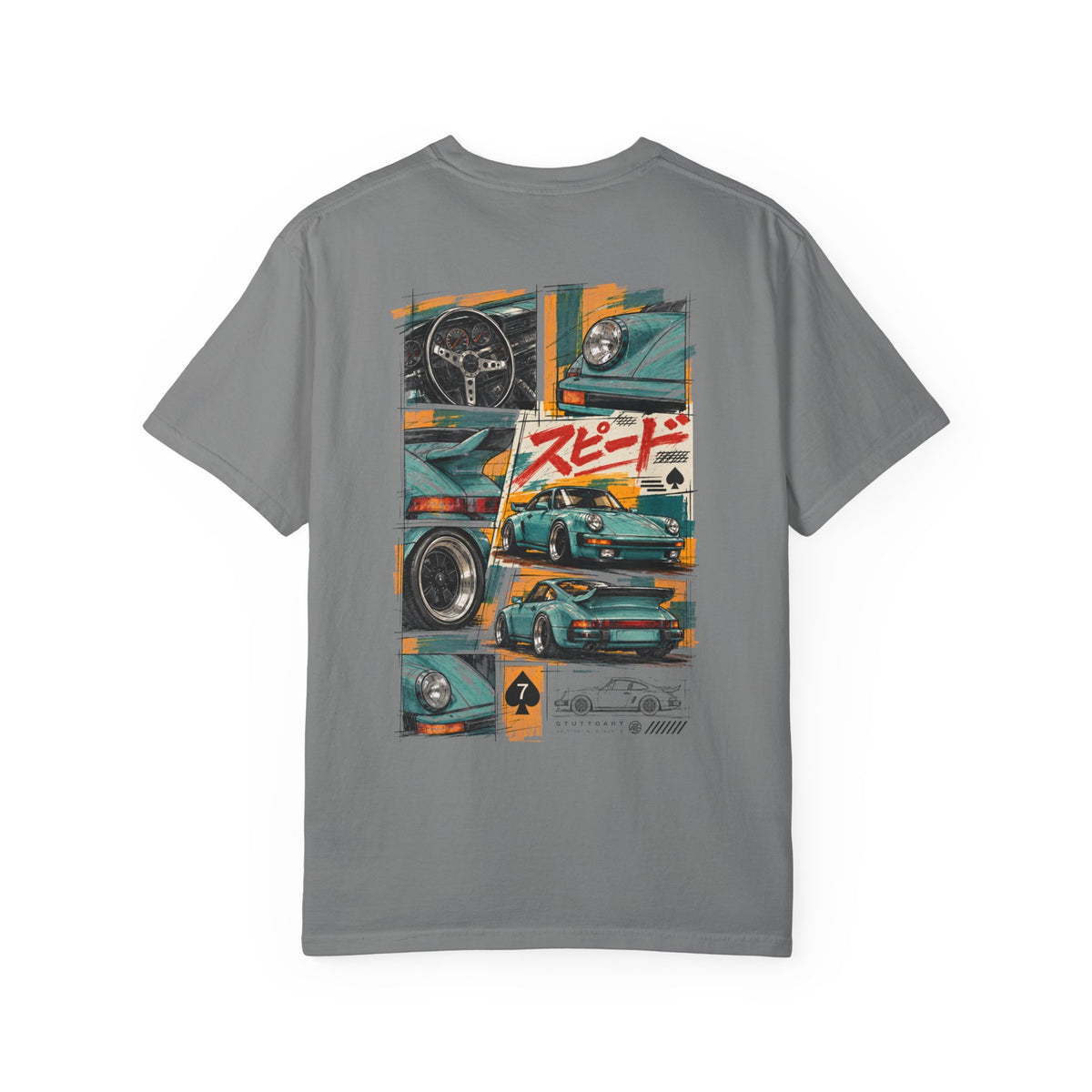 Japanese Speed Car Tee in Grey, back-print collage of a mint classic widebody coupe with gauges, wheel close-ups and red Japanese script for speed
