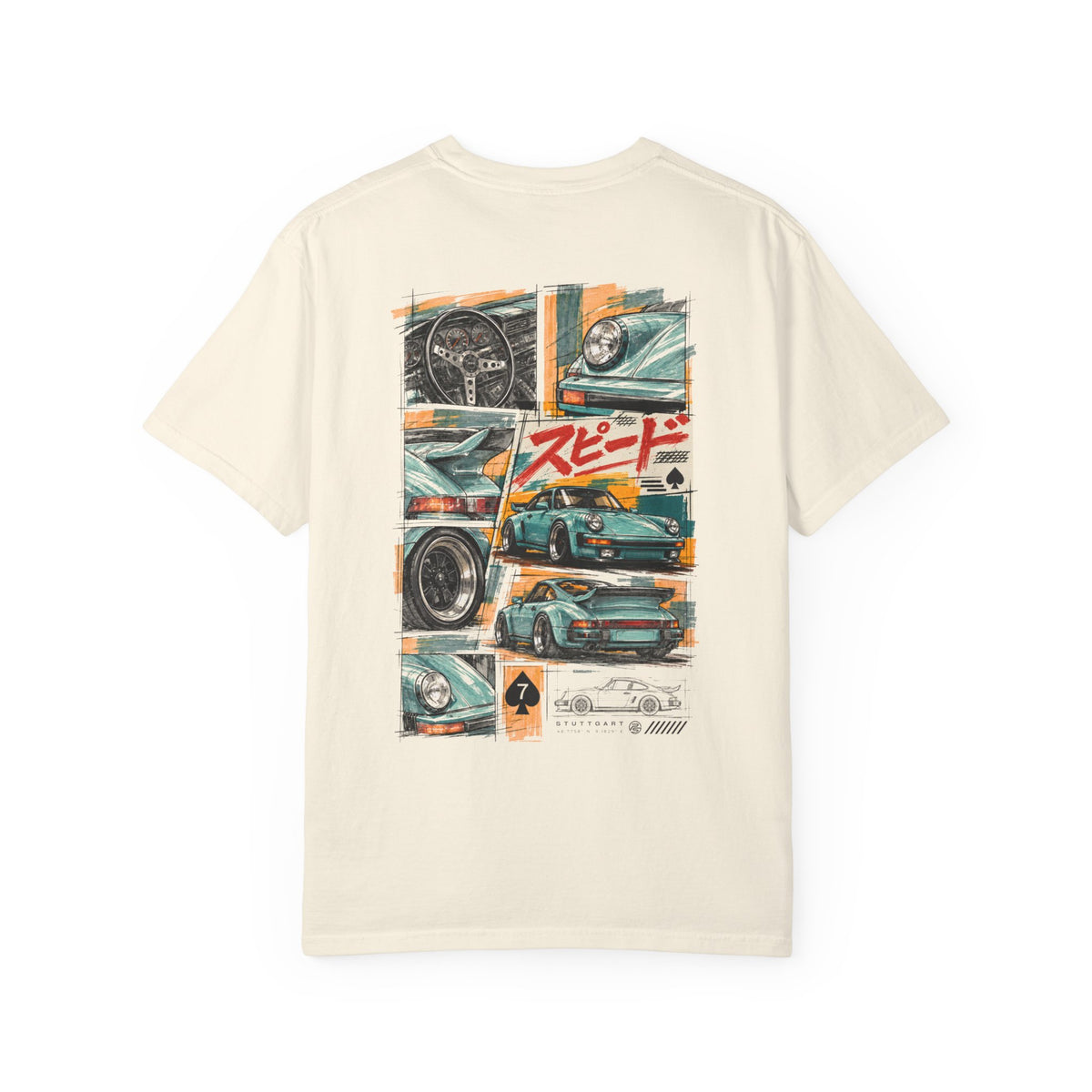Japanese Speed Car Tee in Ivory, back-print collage of a mint classic widebody coupe with gauges, wheel close-ups and red Japanese script for speed