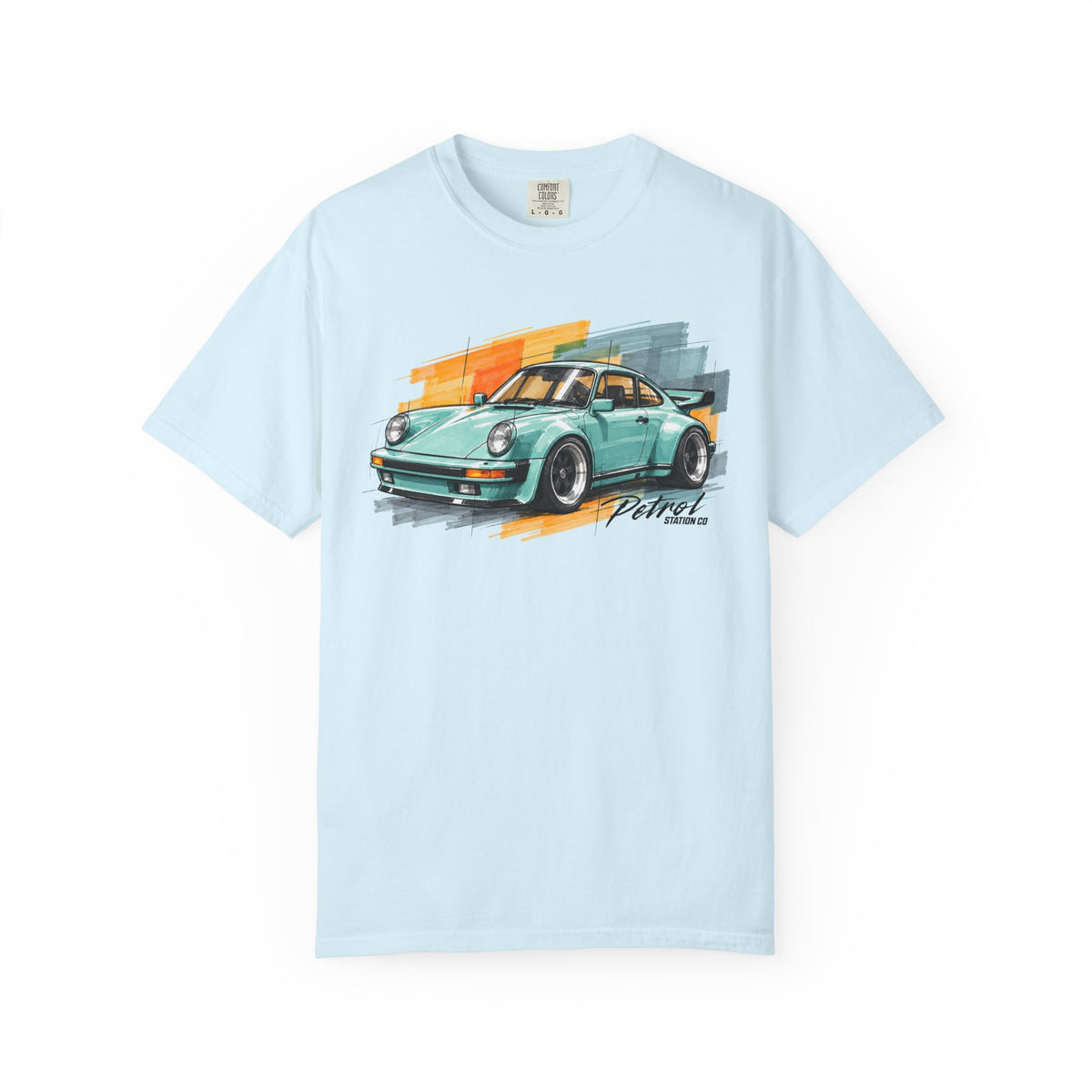 Vintage Coupe Car Tee in Chambray, mint vintage coupe over orange and grey brush strokes on the front