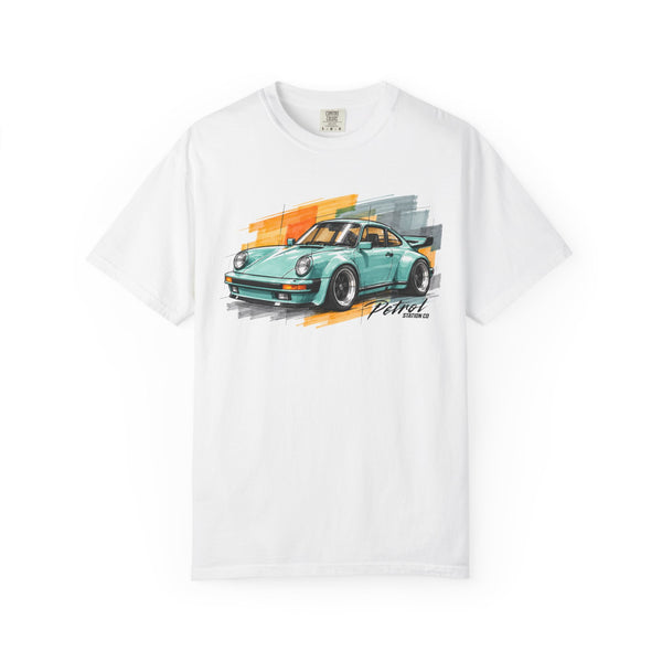 Vintage Coupe Car Tee in White, mint vintage coupe over orange and grey brush strokes on the front
