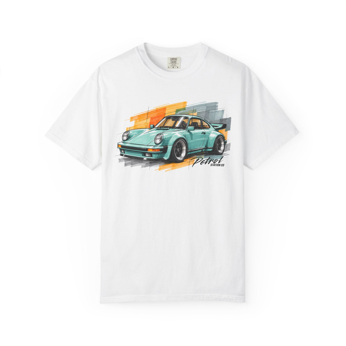 Vintage Coupe Car Tee in White, mint vintage coupe over orange and grey brush strokes on the front