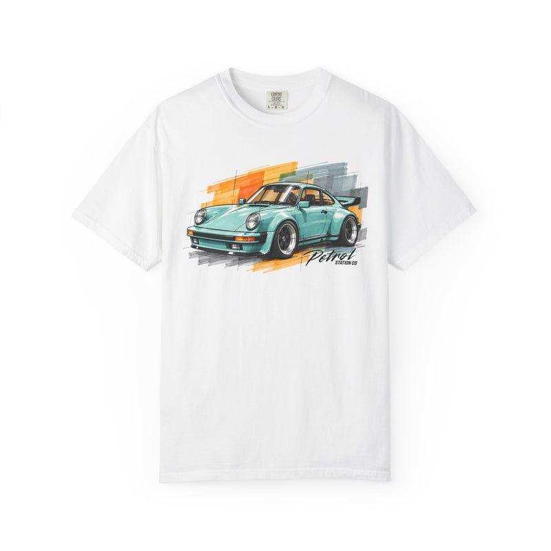 Vintage Coupe Car Tee in White, mint vintage coupe over orange and grey brush strokes on the front