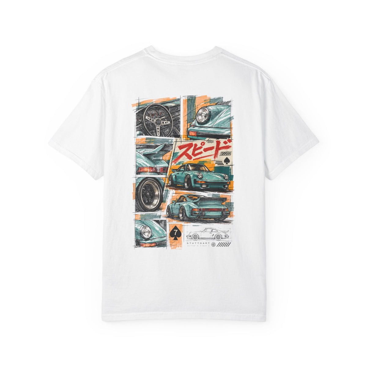 Japanese Speed Car Tee in White, back-print collage of a mint classic widebody coupe with gauges, wheel close-ups and red Japanese script for speed