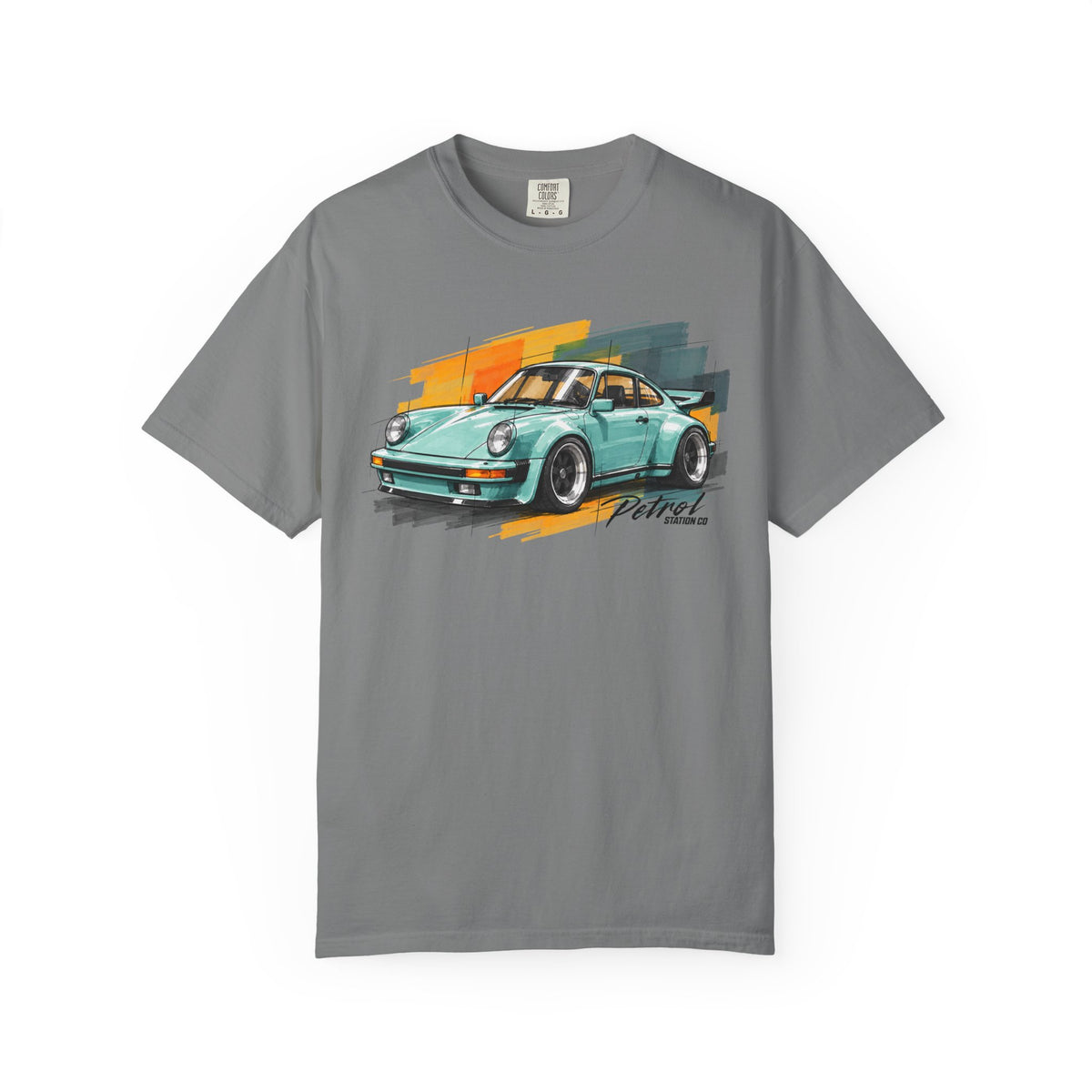 Vintage Coupe Car Tee in Grey, mint vintage coupe over orange and grey brush strokes on the front