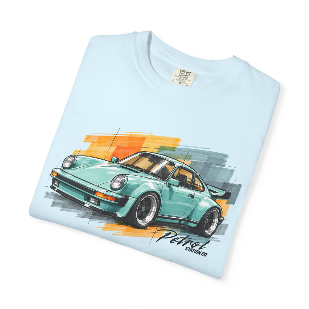 Vintage Coupe Car Tee in Chambray, folded view showing the mint coupe print on the front