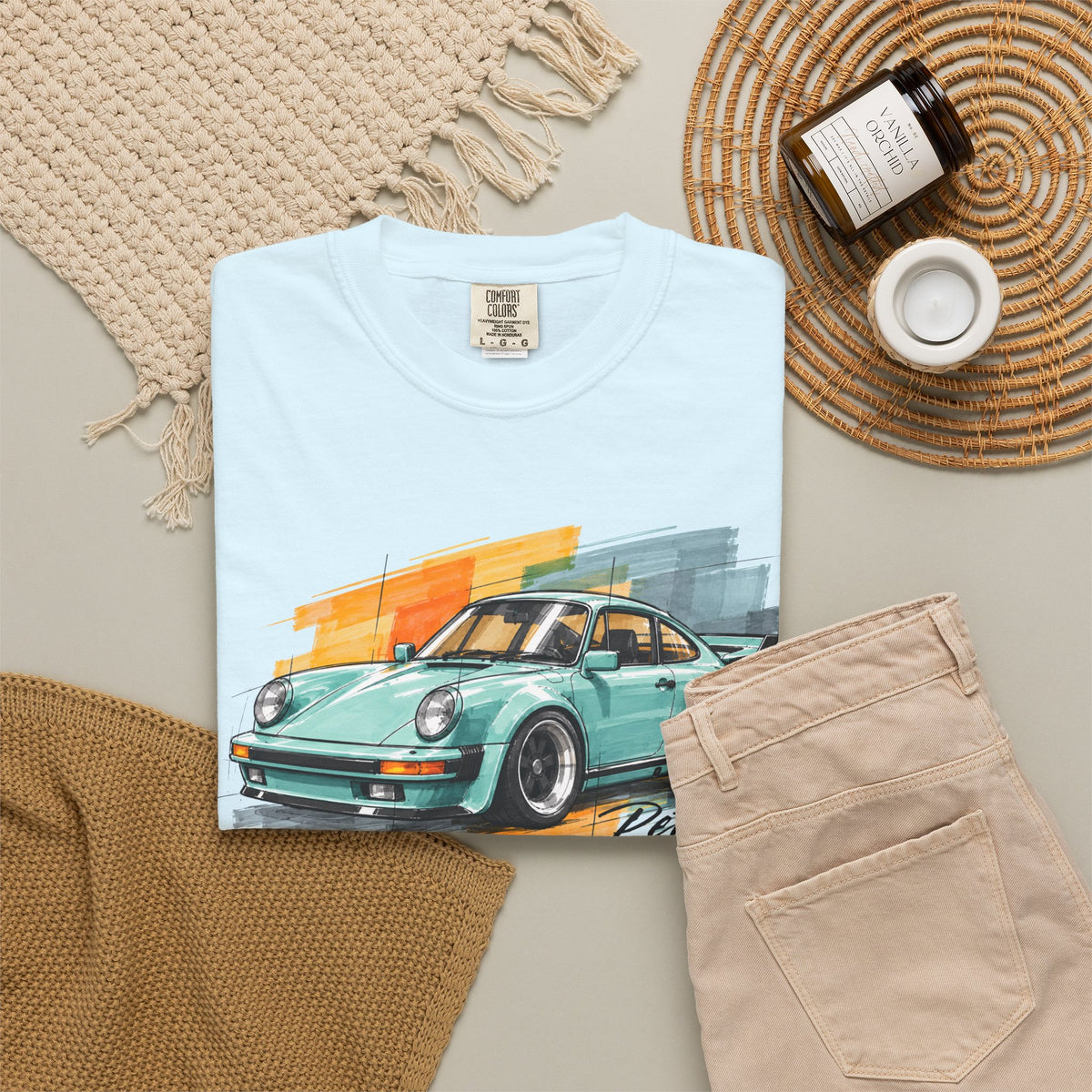 Vintage Coupe Car Tee in Chambray, flat lay with decor props showing the mint coupe print on the front