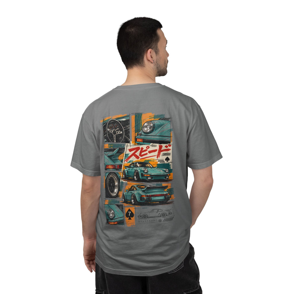 Japanese Speed Car Tee in Grey, back-print collage of a mint classic widebody coupe with gauges, wheel close-ups and red Japanese script for speed