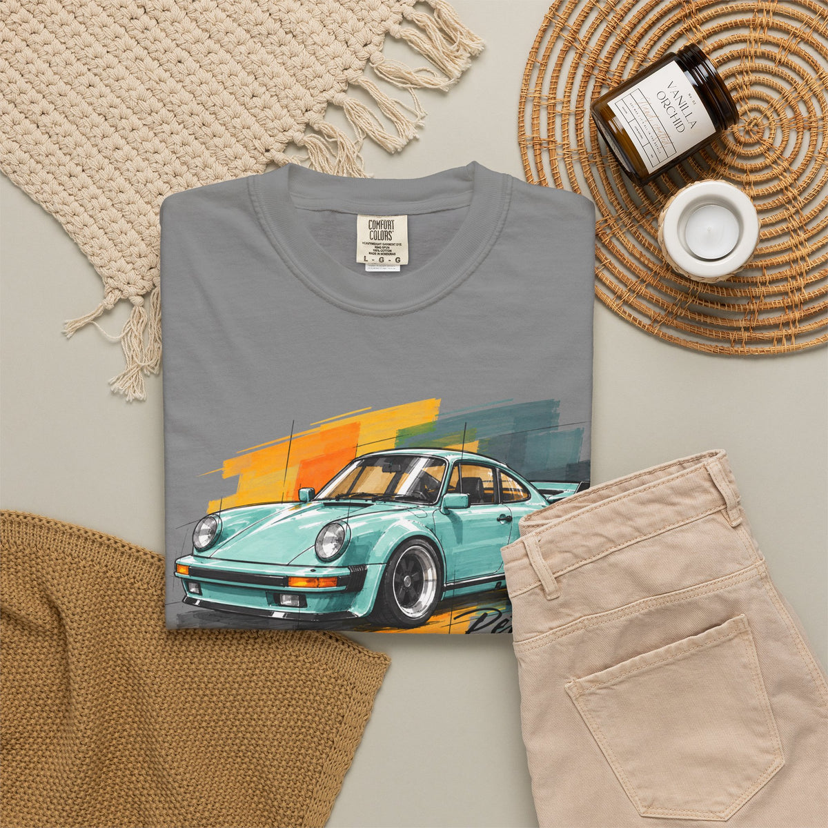 Vintage Coupe Car Tee in Grey, flat lay with decor props showing the mint coupe print on the front