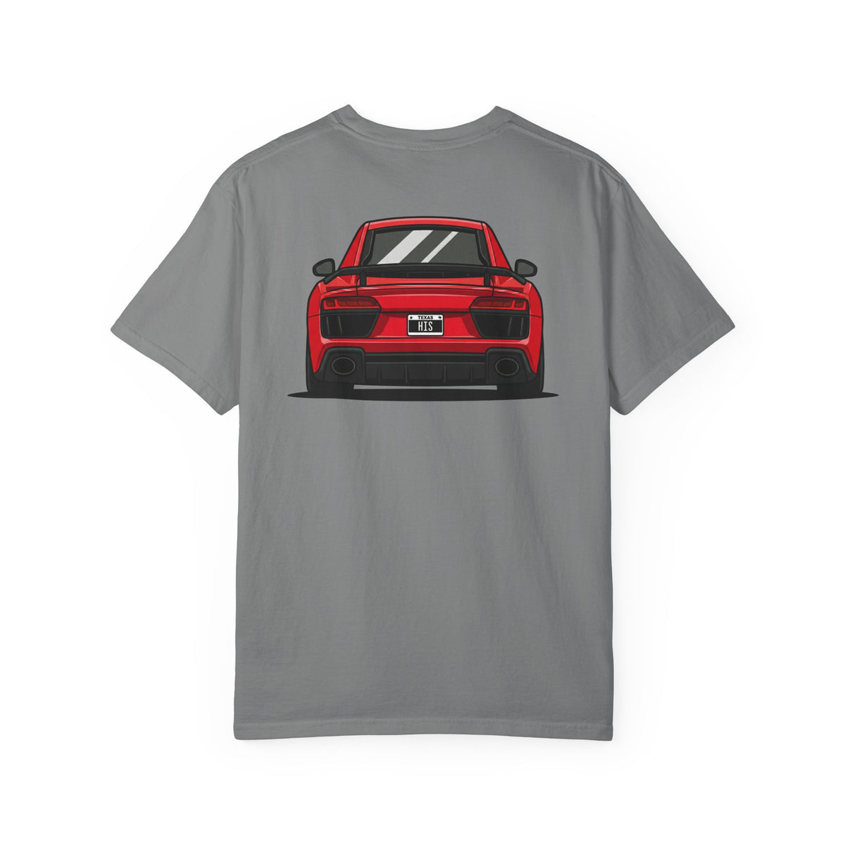 V10 Supercar Tee in Grey, red V10 supercar graphic, back view