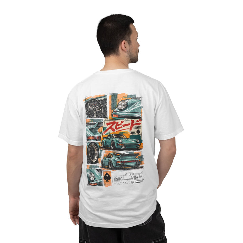 Japanese Speed Car Tee in White, back-print collage of a mint classic widebody coupe with gauges, wheel close-ups and red Japanese script for speed