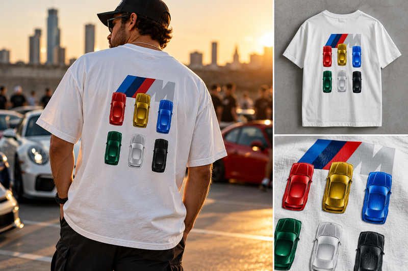 Factory Swatch Tee in White, automotive paint swatch graphic, back view